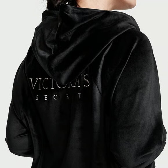 Victorias Secret Velour Zip Up Hoodie Jacket Size M Black Spell Out Y2K Bomber - Picture 1 of 8